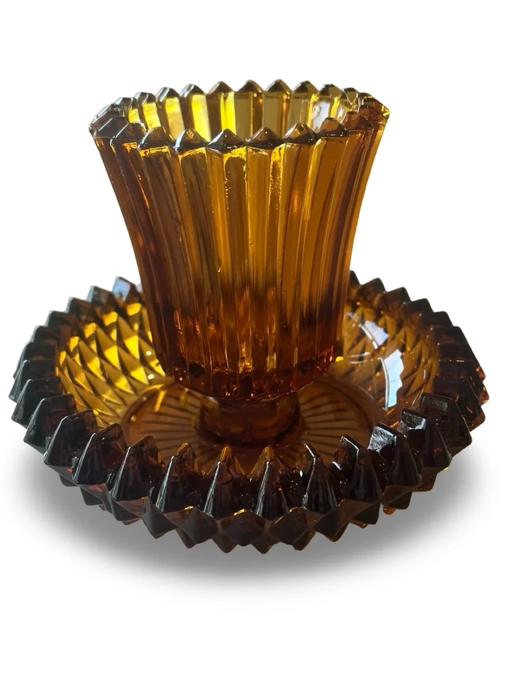 Vintage Indiana Glass Amber 2-Piece Candle Holder